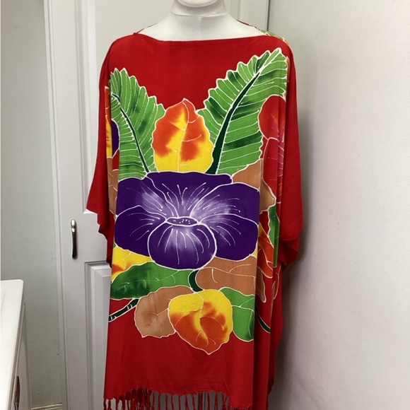 Club West Women’s Floral Boxy Kimono Poncho Beach Dress Coverup, Red, OS - Picture 7 of 11